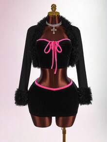 Amplova Solid Fuzzy Trim Open Front Crop Fall Clothes Women Jacket - Black - View 3