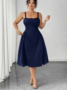 SHEIN Clasi Gaun Shift Elegan Tanpa Lengan Leher V Warna Polos untuk Wanita Ukuran Plus - Navy Blue - View 4