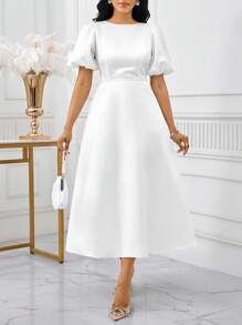 SHEIN Lady Váy tay bồng màu trơn thanh lịch cho nữ mùa xuân và mùa hè Váy dài tay chữ A thanh lịch tay giám mục màu trắng cho đám cưới ngày lễ tình nhân Váy dự tiệc cocktail cỡ lớn Váy dạ hội trang phục mùa thu Váy cho nữ Váy ngày lễ Váy trắng Váy nữ thần Hy Lạp Váy tốt nghiệp màu trắng - trắng - Xem 4