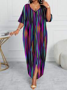 SHEIN Lady 大码女式休闲彩色条纹印花 V 领宽松连衣裙，适合夏季，长款 - 彩色 - 查看 4