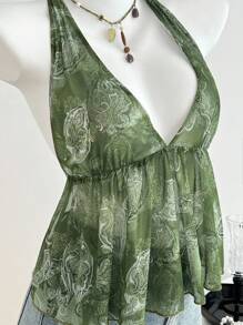 Elamini 女式复古印花 V 领挂脖吊带背心，适合春夏季度假