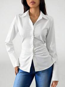 Teen Girls' Solid Color Long Sleeve Single-Breasted Pleated Casual Shirt Fall Winter