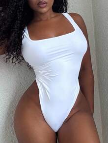 Alexandranx 1pc Square Neck Solid Bodysuit - White - View 3