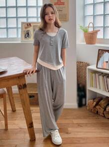 Bộ áo phông thường ngày cho bé gái tuổi teen - Xám - Xem 2