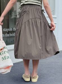 Dazy Kids 女童夏季休闲纯色蝴蝶结装饰A字裙 - 灰色 - 查看 3