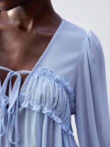 Maija 女式蓝色夏季 V 领蝴蝶结前褶边下摆灯笼袖宽松休闲短上衣，时尚可爱夏威夷海滩风格 - 淺藍色 - 查看 9