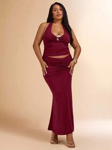 SHEIN BAE Ensemble deux pièces grande taille de femme : top court texturé en maille à fleurs 3D blanc à encolure ras-du-cou et jupe crayon transparente à taille nouée. Tenue de vacances, pour la Saint-Valentin, demoiselle d'honneur, tenue blanche, ensemble de remise des diplômes/rentrée scolaire - Rouge foncé - Voir 5