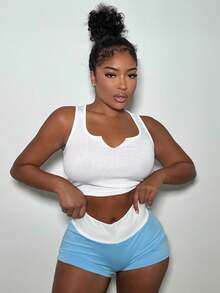 Alexandranx 女士休閒簡約基本款家居套裝：可愛運動風緊身U領短上衣和低腰緊身短褲，藍白針織彈性氨織素材 - 藍色 - 查看 4