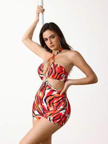 Menodora SHEIN Sport Menodora SHEIN Sport 时尚性感斑马纹露背吊带连体衣 - 紅色 - 查看 3