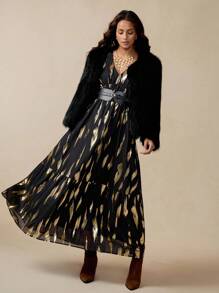 Florisole Women's Elegant Flowy Gold Foil Brush Lantern Sleeve Dress Black And Gold Maxi Dress Long Black Dress With Gold Print Fall Cloth For Women