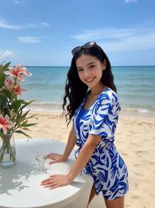 少女夏季假日海滩细肩带比基尼套装和全身印花罩衫 - 彩色 - 查看 3