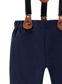 SHEIN 2pcs Baby Boys Romper Outfit Set: Light Blue Polka Dot Bodysuit With Navy Blue Bow Tie Collar And Button Front, Paired With Adjustable Navy Blue Bib Overalls. Suitable For Weddings, Birthdays, And Other Celebrations Fall Winter - Multicolor - View 3