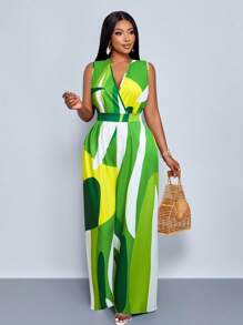 SOLERSUN 加大码女式无袖叶花卉印花松紧腰 V 领连体裤，适合春夏季度假和日常穿着，连体裤 - 綠色 - 查看 1