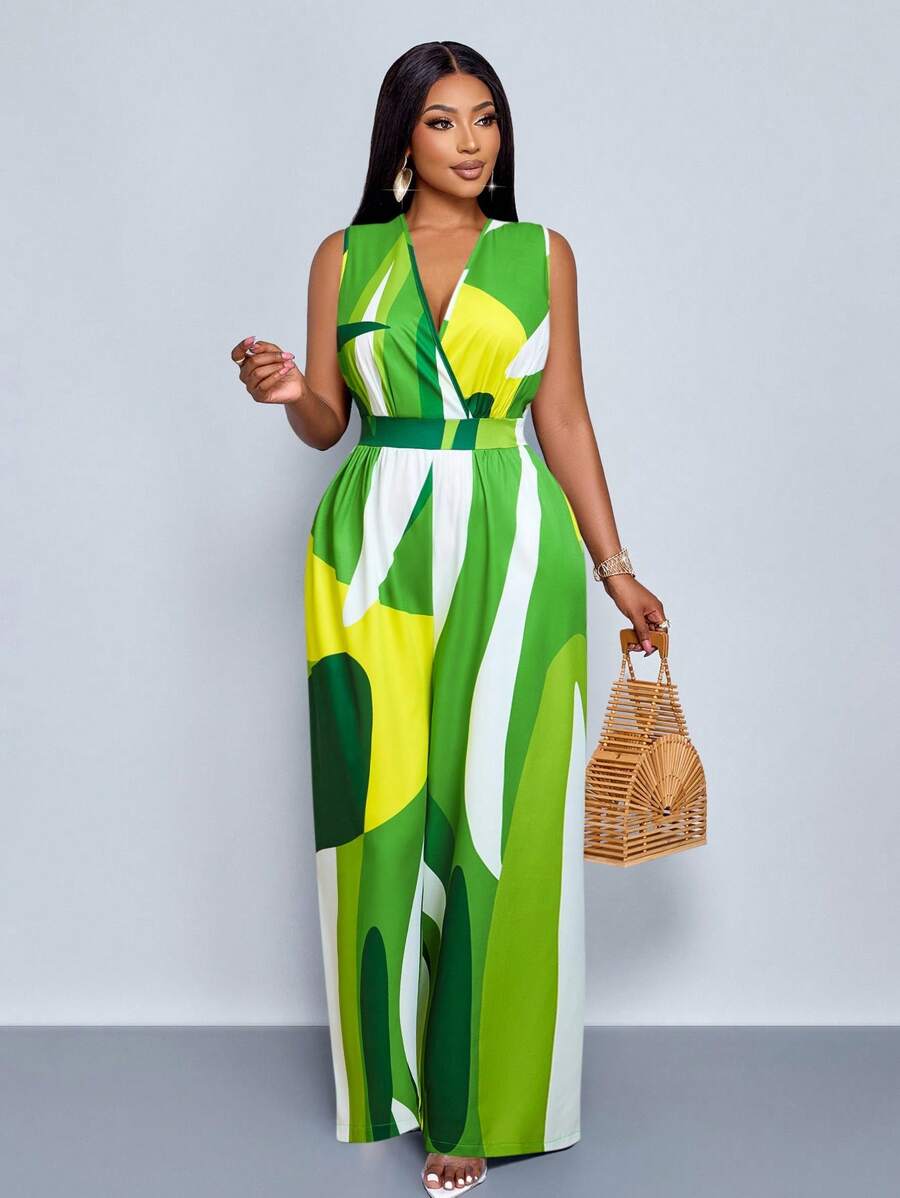 SOLERSUN 加大码女式无袖叶花卉印花松紧腰 V 领连体裤，适合春夏季度假和日常穿着，连体裤 - 綠色 - 查看 1