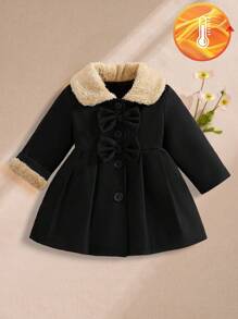 SHEIN Playful Pals Baby Girls Furry Collar Bowknot Trench Coat, Autumn/Winter Fall