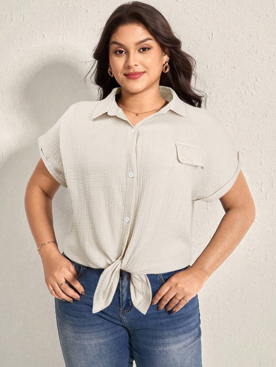 SHEIN LUNE Plus Size Summer Casual Solid Color Batwing Sleeve Shirt - Black - View 1