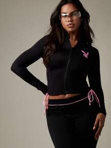 Missguided x Playboy Zip Up Track Jacket Stretchy Fitted Athletic Jacket With Side Drawstrings Long Sleeve Stand Collar Loungewear Spring Fall Casual Lightweight Running Training - Black - View 5
