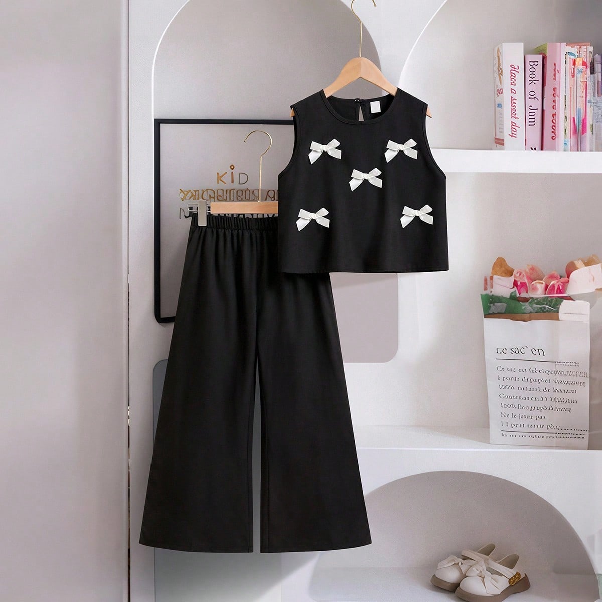 Piezas/set de Top sin mangas con lazo 3D de moda y pantalones cortos para niñas pequeñas, versátil para uso diario, vacaciones y salidas, primavera