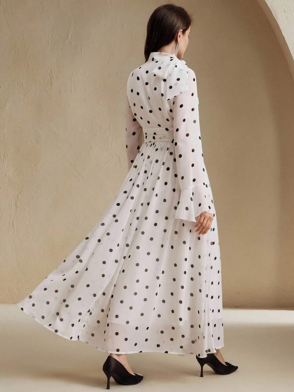 Elegant Polka Dot Chiffon Bow-Decor Cinched Waist Long Dress For Women