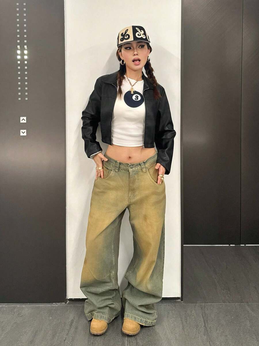 SHEIN 少女短款酷炫开叉皮夹克，秋冬女士仿皮大衣 - 黑色 - 查看 1