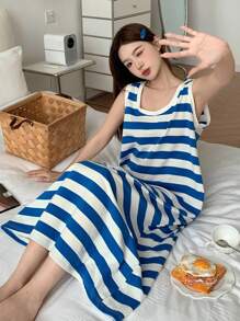 DAZY Striped Pattern All-Over Print Sleeveless Long Women's Nightgown Pajama - Blue and White - View 1