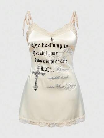 ROMWE Avant Vestido de tirantes con estampado de eslogan y ribete de encaje en talla grande para verano