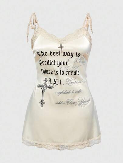 ROMWE Avant Plus Size Summer Fashion Slogan Print Lace Trim Camisole Dress,Back To School