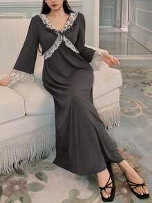 DAZY Romantic Ruffle Trim Waist Contrast Color Nightgown For Women, Fall Pajama