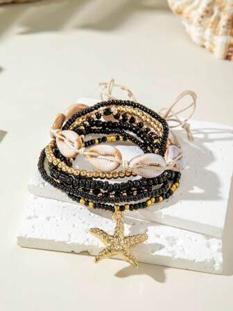 7pcs Fashion Women Bracelets Set, Vintage Bohemian Style Starfish Shell Beads Braided Rope Vacation Beach Classic Versatile Gift