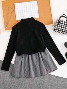 Tween 女童休闲基础款校园/通勤长袖羊毛罗纹 T 恤 + 条纹迷你裙 2 件套服装，秋冬秋季 - 黑色 - 查看 2