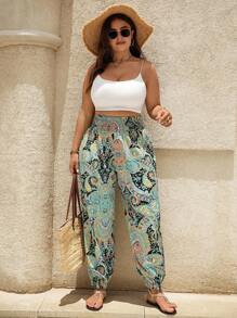 SHEIN LUNE Plus Size Women Loose Fit Casual Floral Print Drawstring Pants, Versatile & Comfortable For Spring/Autumn Fall Cloth For Women - Multicolor - View 1