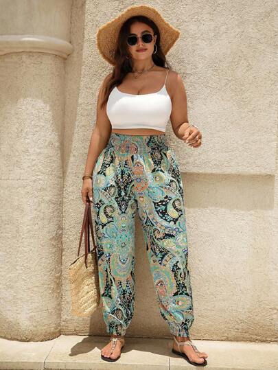 LanaWest Plus Size Women Loose Fit Casual Floral Print Drawstring Pants, Versatile & Comfortable For Spring/Autumn Fall Cloth For Women