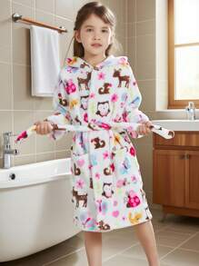 1pc Girls' Cartoon Coral Fleece Hooded Bathrobe, Home Clothes, Gift, Cute