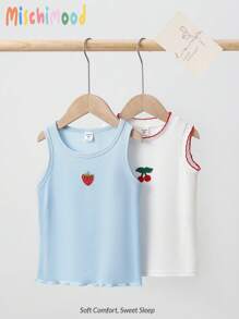 2pcs Girls Blue Textured Camisole & White/Red Cherry Special Craft Camisole Set, Undershirt Kids Summer Tank Tops Girls Tops Summer Kids Sleeveless Cute Tops