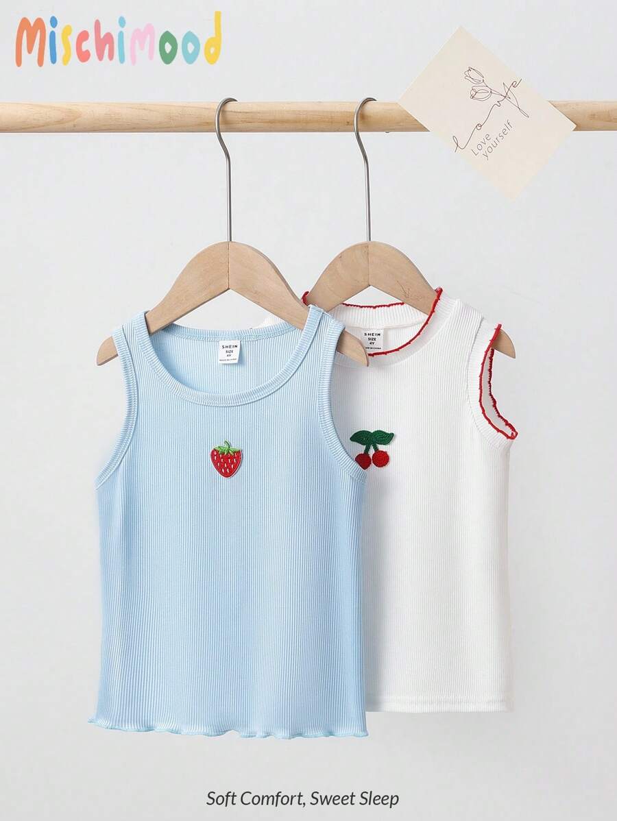 2pcs Girls Blue Textured Camisole & White/Red Cherry Special Craft Camisole Set, Undershirt Kids Summer Tank Tops Girls Tops Summer Kids Sleeveless Cute Tops