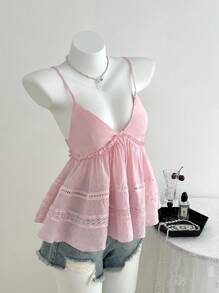 Elamini 女式夏季休闲蕾丝边娃娃领吊带上衣 - 粉色 - 查看 1