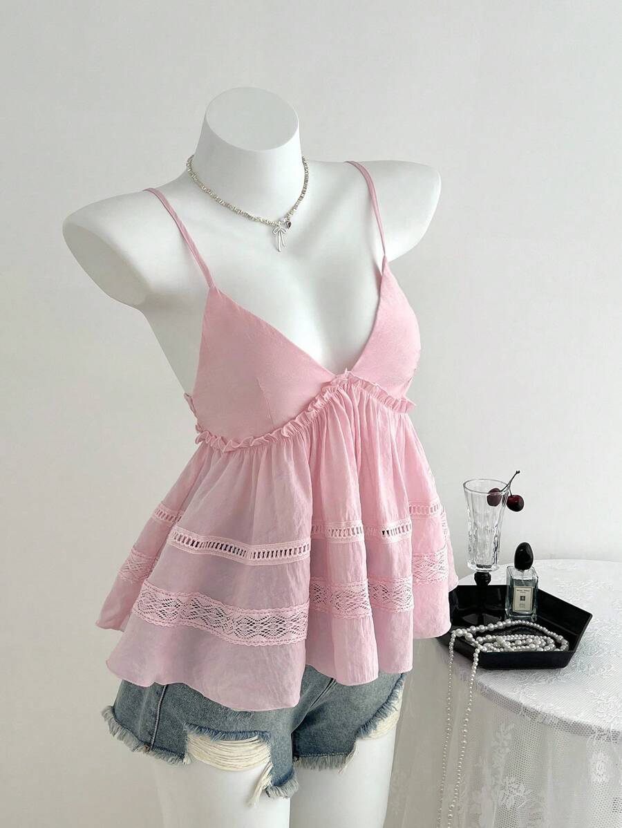 Elamini 女式夏季休闲蕾丝边娃娃领吊带上衣 - 粉色 - 查看 1