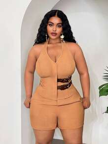 Slaydiva Veslaya Plus Size Women Halter Neck Low-Cut Vest & Shorts 2pcs Suit,Black And White,Summer,Classy,Night Out Club Two Piece Matching Curvy Outfit Set - Khaki - View 7