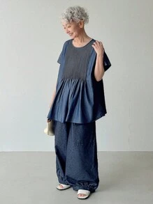 FRIFUL 女式纯蓝色圆领短袖后扣褶皱宽松休闲百搭牛仔衬衫，适合机场、度假 - 藍色 - 查看 6