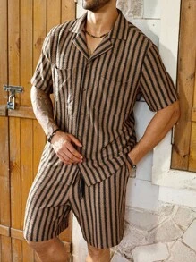 Manfinity Homme 大码男士夏季休闲条纹衬衫和短裤套装 - 棕色 - 查看 3