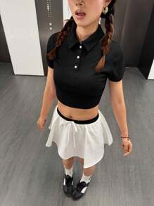 SHEIN Teen Girls'' Casual Comfy Polo Collar Short Sleeve T-Shirt & Color Block Skirt 2Pcs Set - Black - View 3
