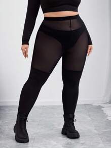 SHEIN CURVE+ Curve 大码/秋装/秋季女装/女冬装/冬装女士大码、连体丝袜、黑色大码打底裤、防滑高腿打底裤、黑色网眼贴片打底裤，适合日常休闲穿着，简约时尚，春夏装女秋装，冬季，CURVE PLUS - 黑色 - 查看 6