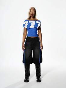 SUMWON WOMEN Off Shoulder Ruched Graphic Top With White Letters Summer Fall Festival Casual Streetwear Party Fashion