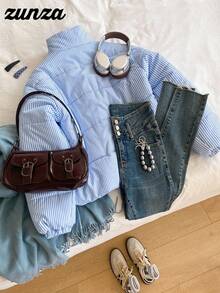 少女棉袄，休闲百搭，蓝白条纹短款棉袄，秋冬 - 藍色 - 查看 2