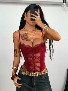 Coolane Women's All-Season Festival Club Outfits Sexy Y2K Music Festival Lace Red Slim Fit Bodysuit Women Lace Bodysuit - Burgundy - View 6