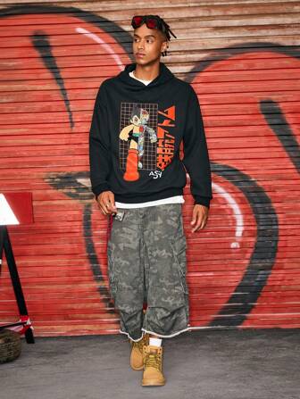 Astro Boy X ROMWE Felpa con cappuccio in pile da uomo con grafica di figure animate, adatta per riunioni, uscite per fan di anime