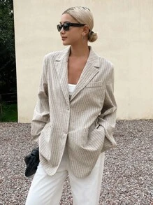 Livesso 女士亚麻宽松休闲条纹长袖西装外套，秋季女装商务装 - 灰色 - 查看 5