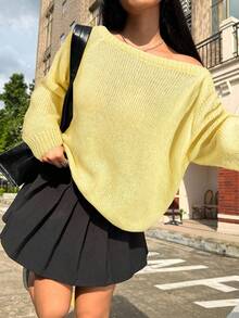 SHEIN EZwear 女士纯色斜肩宽松休闲毛衣