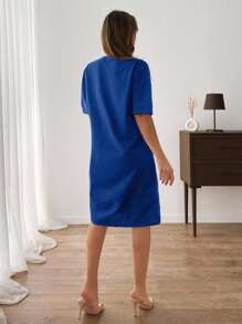 Women Rhinestone Embroidery Detailed Mini Sweat Dress - Blue - View 2