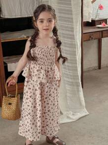 LMoss Kids LMoss 年轻女孩印花褶皱连体裤，夏季花卉秋季连体裤 - 彩色 - 查看 4
